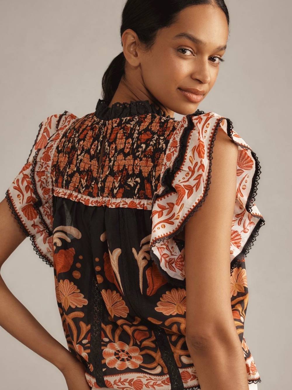 FARM Rio Black Floral Smocked Ruffle Sleeve Top with Orange Accents - Picture 2 of 16